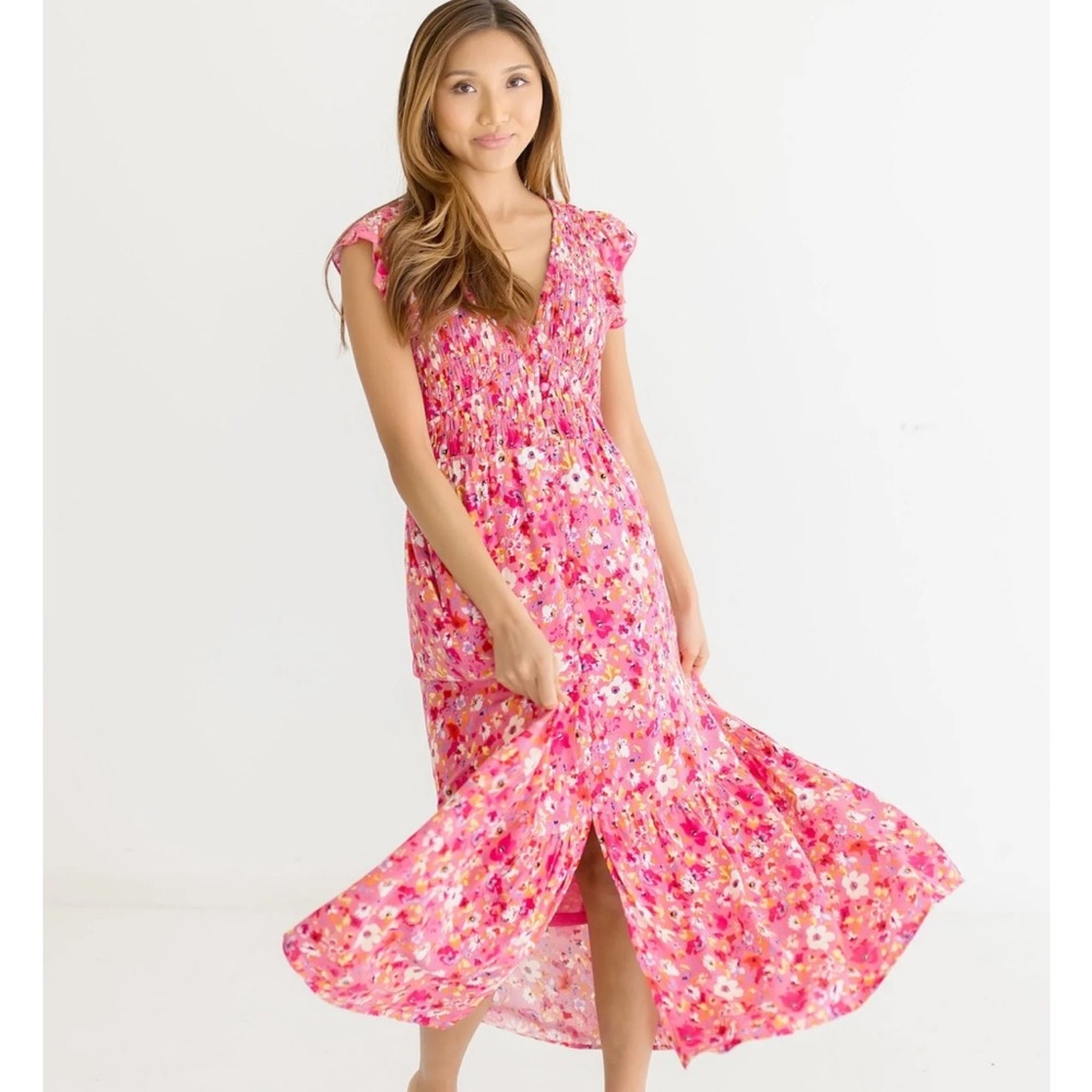 AMELIA SHORT RUFFLE SLEEVE FLORAL PRINT MAXI DRESS PINK